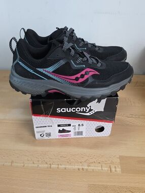 Saucony Black Trail Runners with Pink & Teal Accents Hole In Toe